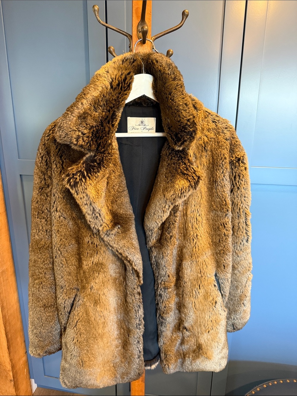 Free People Brown Faux Fur Pea Coat - Plush Teddy Jacket
